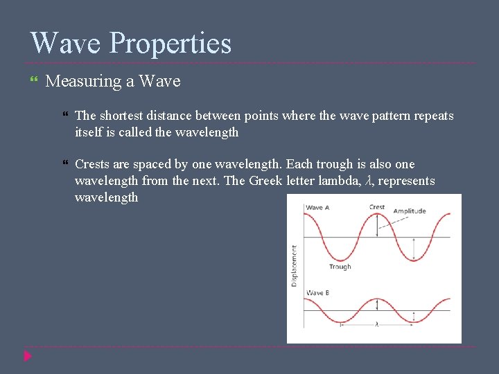 Wave Properties Measuring a Wave The shortest distance between points where the wave pattern