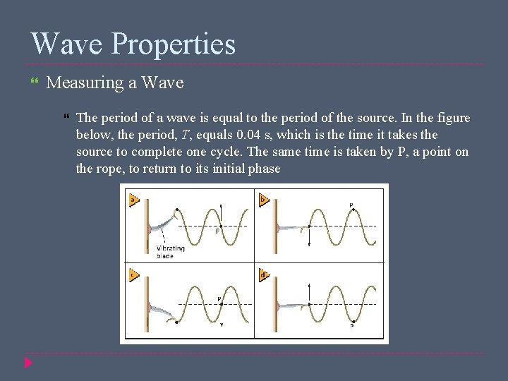 Wave Properties Measuring a Wave The period of a wave is equal to the