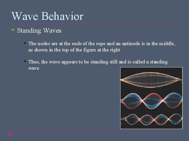 Wave Behavior Standing Waves The nodes are at the ends of the rope and