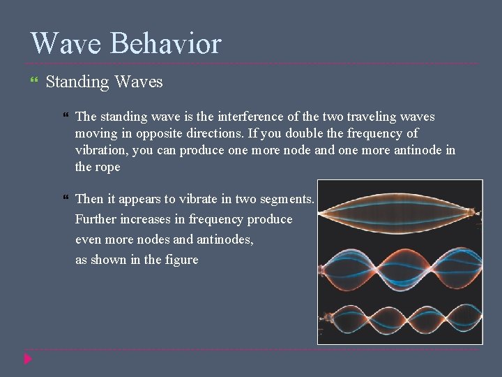 Wave Behavior Standing Waves The standing wave is the interference of the two traveling