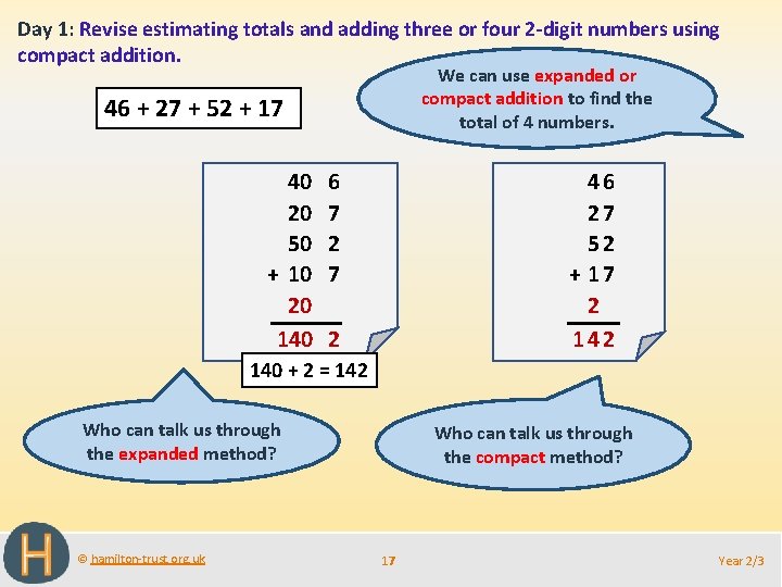 Day 1: Revise estimating totals and adding three or four 2 -digit numbers using