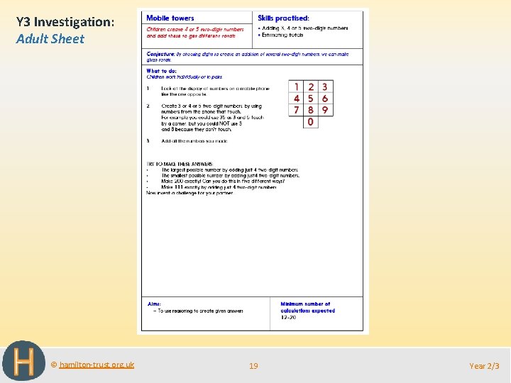 Y 3 Investigation: Adult Sheet © hamilton-trust. org. uk 19 Year 2/3 