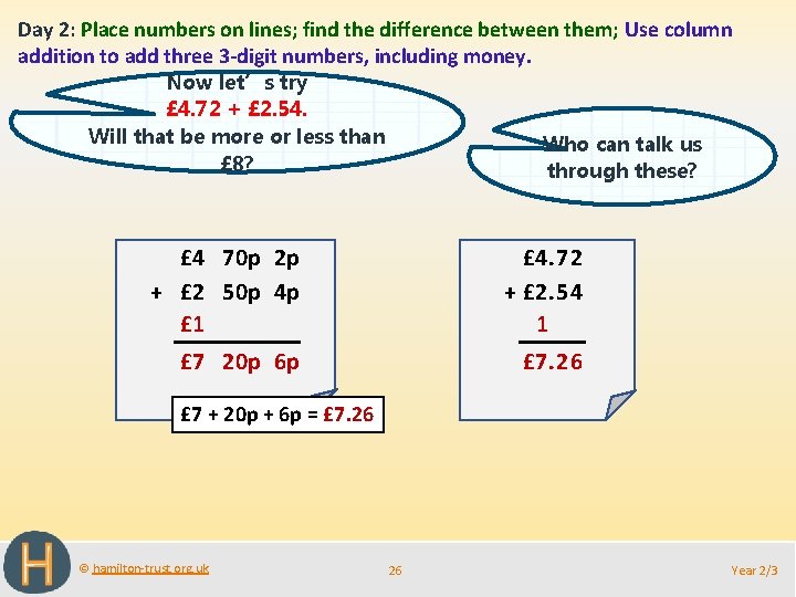 Day 2: Place numbers on lines; find the difference between them; Use column addition