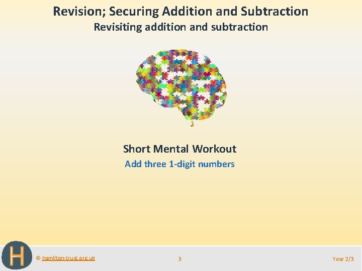 Revision; Securing Addition and Subtraction Revisiting addition and subtraction Short Mental Workout Add three