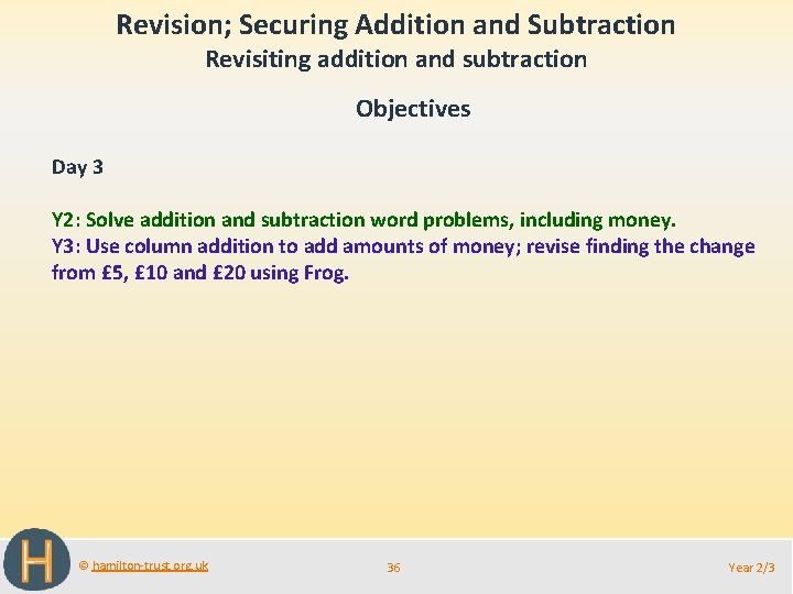 Revision; Securing Addition and Subtraction Revisiting addition and subtraction Objectives Day 3 Y 2: