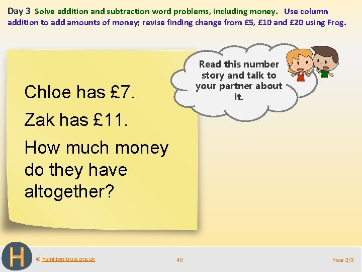 Day 3 Solve addition and subtraction word problems, including money. Use column addition to