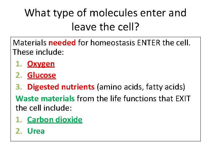 What type of molecules enter and leave the cell? Materials needed for homeostasis ENTER