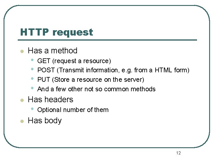 HTTP request l l l Has a method • • GET (request a resource)