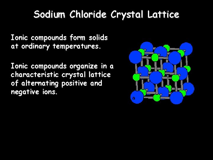 Sodium Chloride Crystal Lattice Ionic compounds form solids at ordinary temperatures. Ionic compounds organize Sodium Chloride Crystal Lattice Ionic compounds form solids at ordinary temperatures. Ionic compounds organize