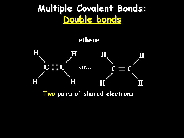 Multiple Covalent Bonds: Double bonds Two pairs of shared electrons Multiple Covalent Bonds: Double bonds Two pairs of shared electrons