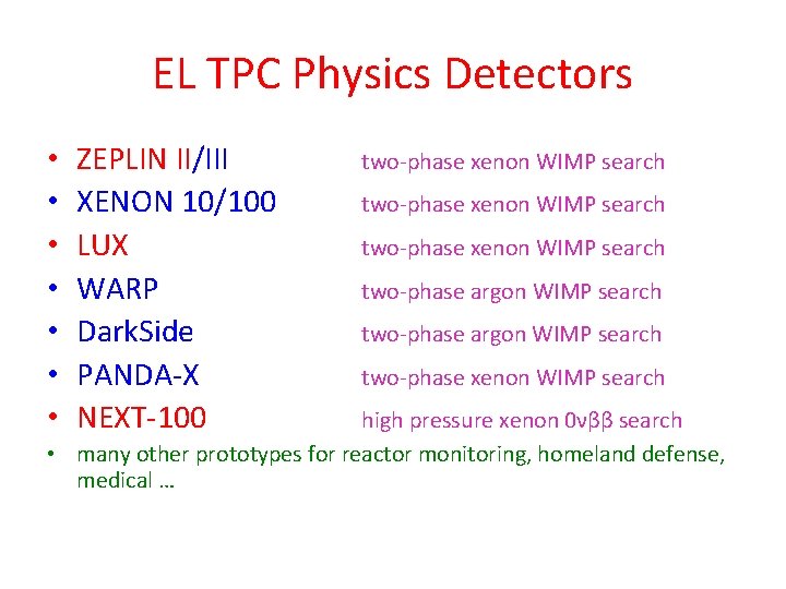 EL TPC Physics Detectors • • ZEPLIN II/III XENON 10/100 LUX WARP Dark. Side