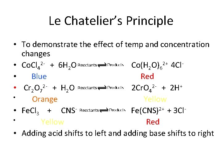 Le Chatelier’s Principle • To demonstrate the effect of temp and concentration changes •
