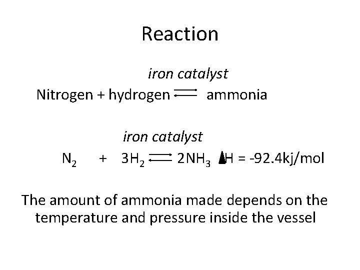 Reaction iron catalyst Nitrogen + hydrogen ammonia N 2 iron catalyst + 3 H
