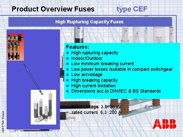 Product Overview Fuses type CEF High Rupturing Capacity Fuses Features: ABB PTMV Poland n
