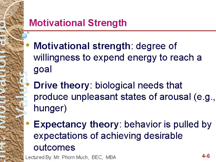 h 4: Motivation and Values Motivational Strength • Motivational strength: degree of willingness to