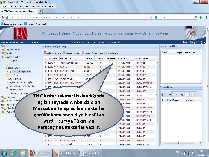 Tif Oluştur sekmesi tıklandığında açılan sayfada Ambarda olan Mevcut ve Talep edilen miktarlar görülür