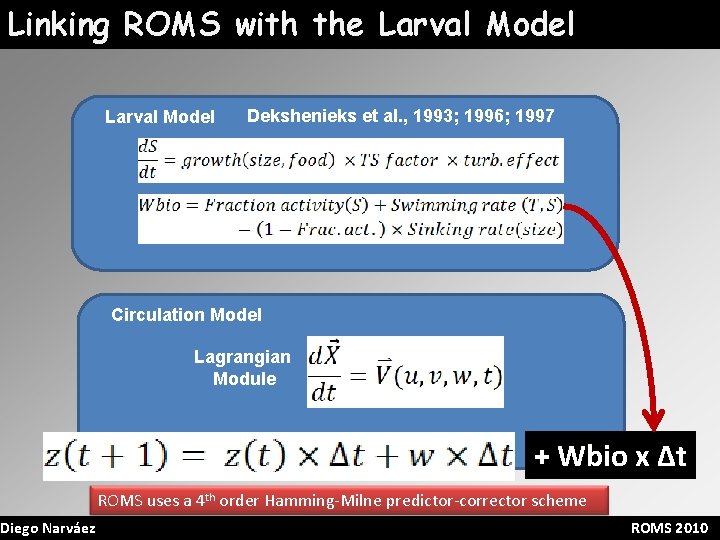 Linking ROMS with the Larval Model Diego Narváez Larval Model Dekshenieks et al. ,