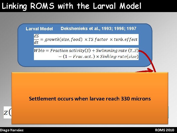 Linking ROMS with the Larval Model Diego Narváez Larval Model Dekshenieks et al. ,