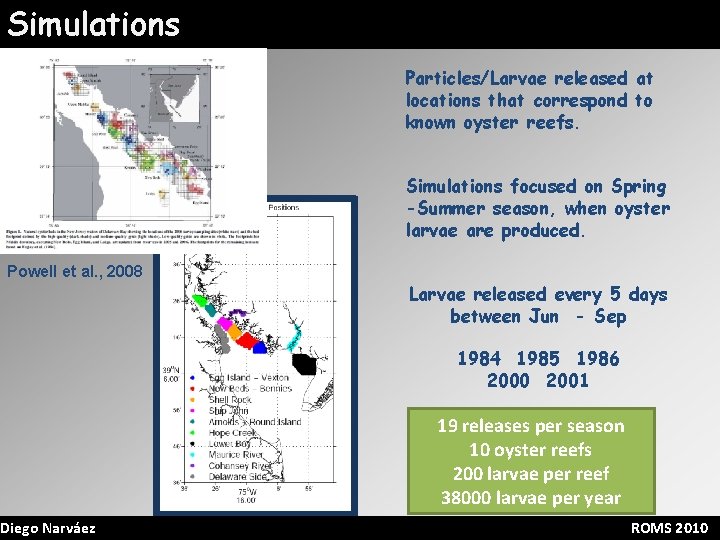 Simulations Particles/Larvae released at locations that correspond to known oyster reefs. Simulations focused on
