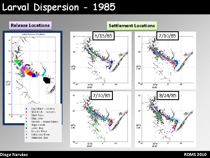 Larval Dispersion - 1985 Release Locations Diego Narváez Settlement Locations 6/15/85 7/30/85 7/10/85 8/24/85