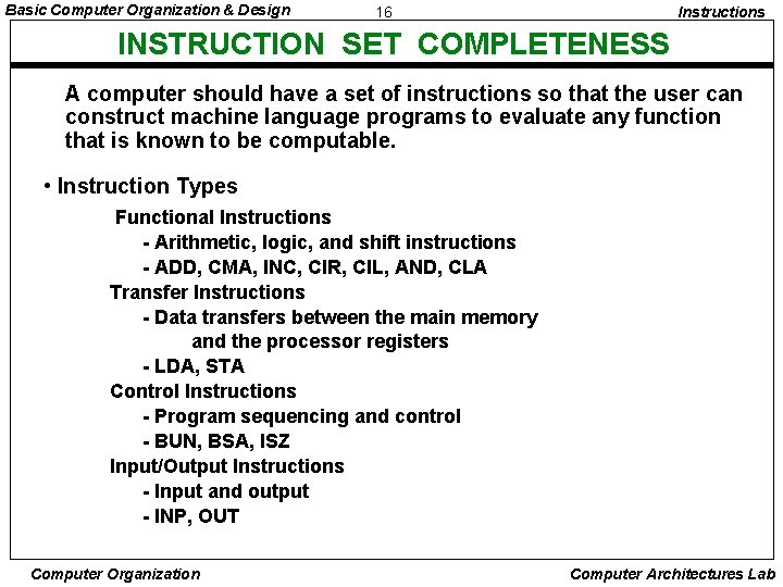 Basic Computer Organization & Design 16 Instructions INSTRUCTION SET COMPLETENESS A computer should have