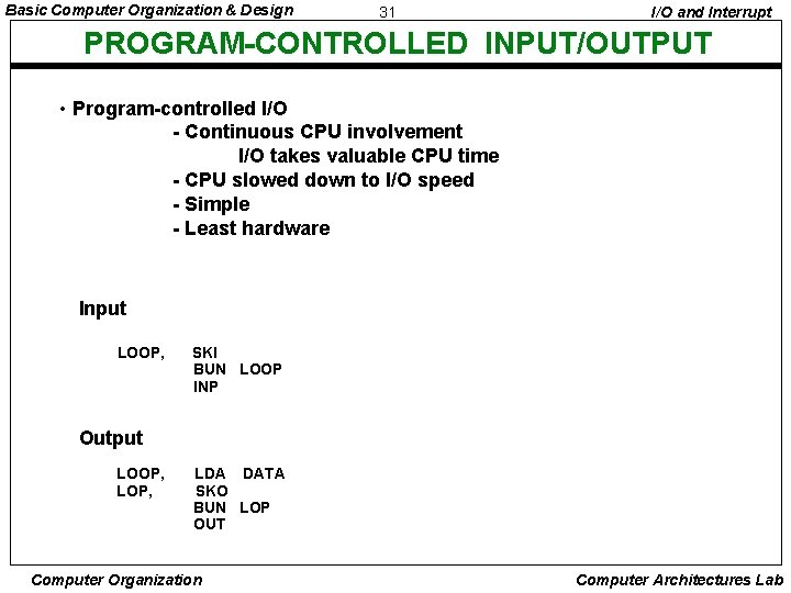 Basic Computer Organization & Design 31 I/O and Interrupt PROGRAM-CONTROLLED INPUT/OUTPUT • Program-controlled I/O