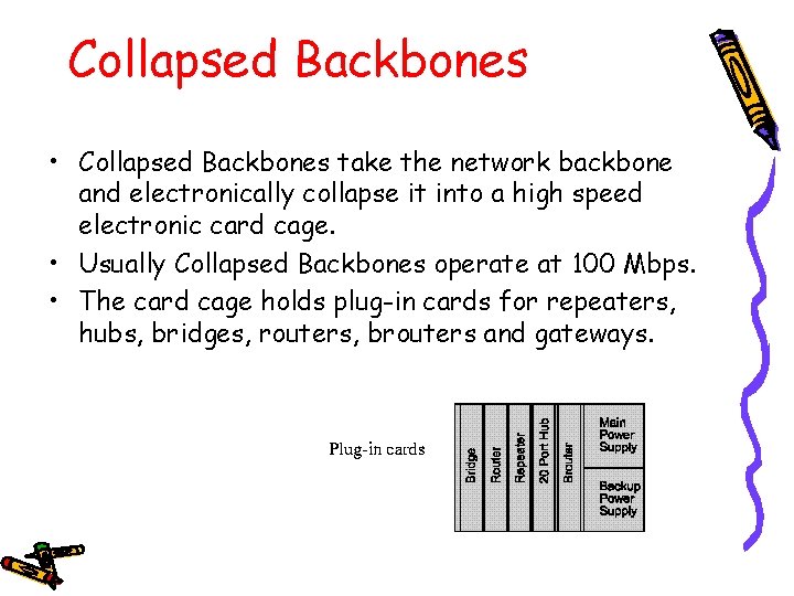 Collapsed Backbones • Collapsed Backbones take the network backbone and electronically collapse it into