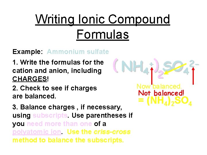 Writing Ionic Compound Formulas Example: Ammonium sulfate 1. Write the formulas for the cation