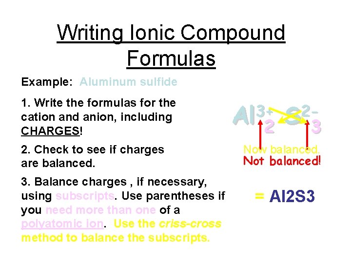 Writing Ionic Compound Formulas Example: Aluminum sulfide 1. Write the formulas for the cation