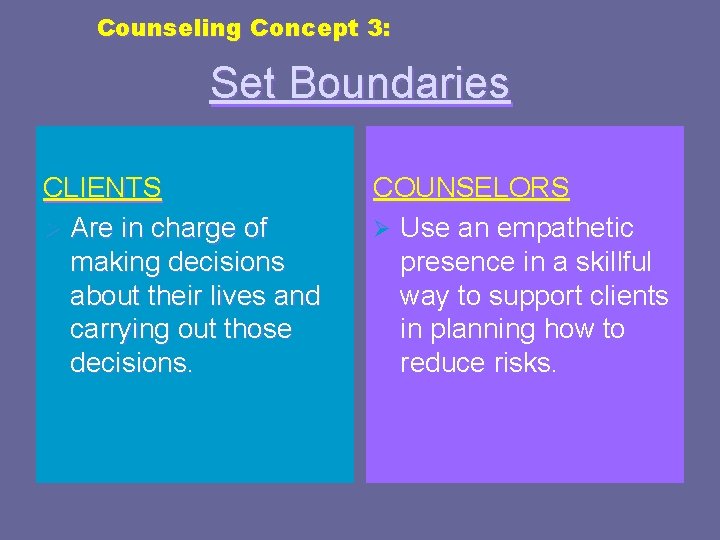 Counseling Concept 3: Set Boundaries CLIENTS Ø Are in charge of making decisions about