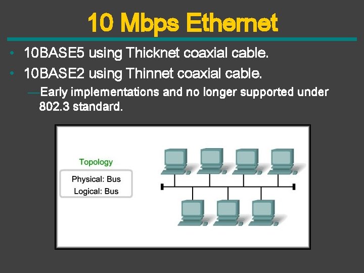 10 Mbps Ethernet • 10 BASE 5 using Thicknet coaxial cable. • 10 BASE