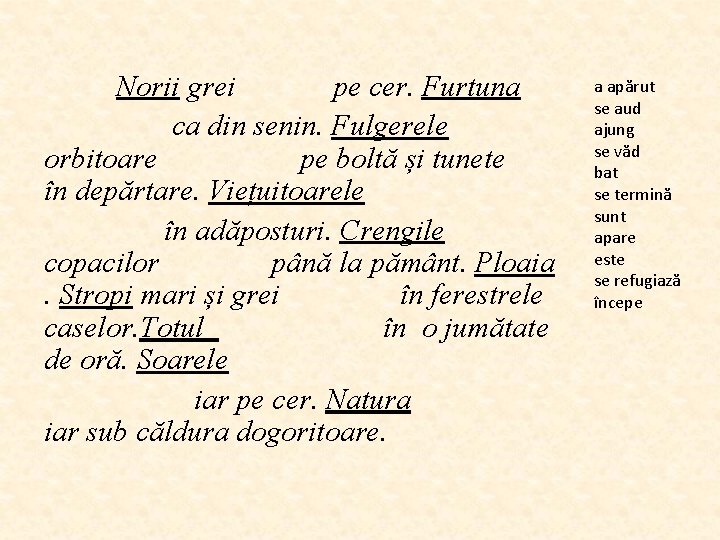 Norii grei pe cer. Furtuna ca din senin. Fulgerele orbitoare pe boltă și tunete