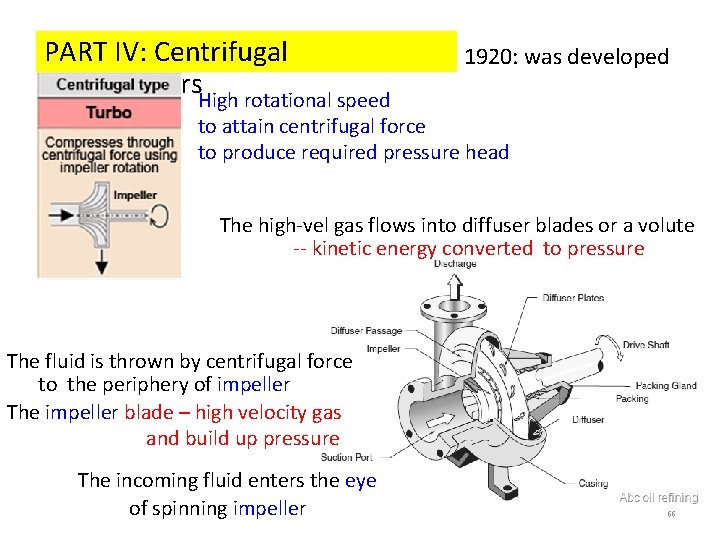 PART IV: Centrifugal Compressors. High rotational speed 1920: was developed to attain centrifugal force PART IV: Centrifugal Compressors. High rotational speed 1920: was developed to attain centrifugal force