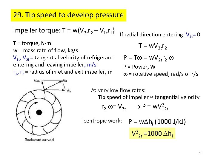 29. Tip speed to develop pressure Impeller torque: T = w(V 2 tr 2 29. Tip speed to develop pressure Impeller torque: T = w(V 2 tr 2