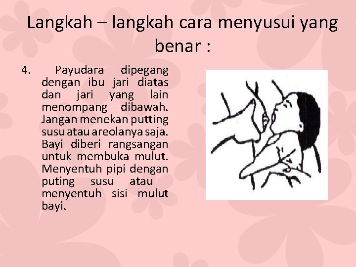 Langkah – langkah cara menyusui yang benar : 4. Payudara dipegang dengan ibu jari