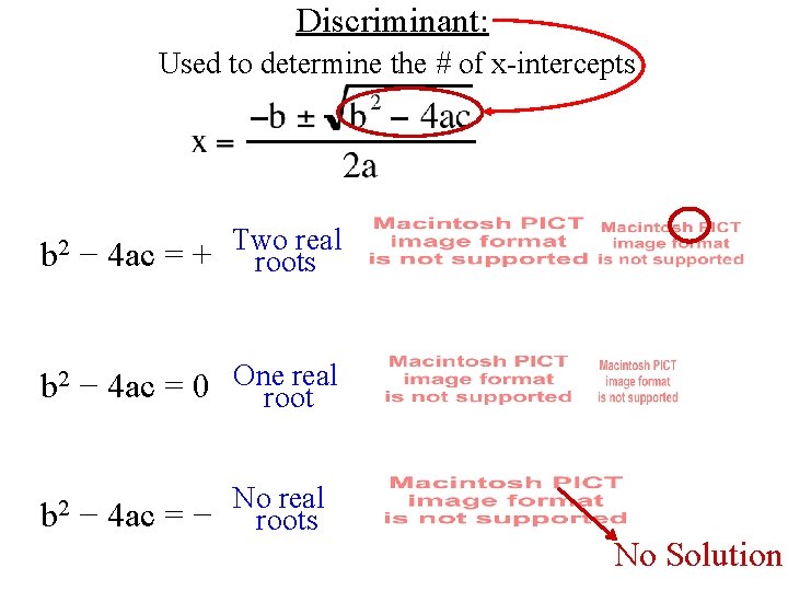 Discriminant: Used to determine the # of x-intercepts real b 2 − 4 ac
