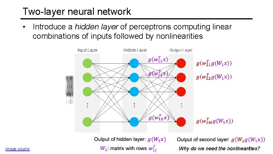 Two-layer neural network • Introduce a hidden layer of perceptrons computing linear combinations of