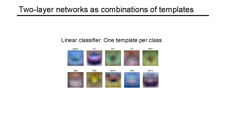 Two-layer networks as combinations of templates Linear classifier: One template per class 