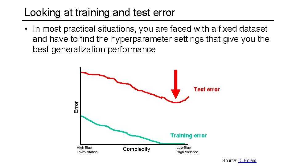 Looking at training and test error • In most practical situations, you are faced