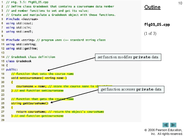 Outline 10 fig 03_05. cpp (1 of 3) set function modifies private data get
