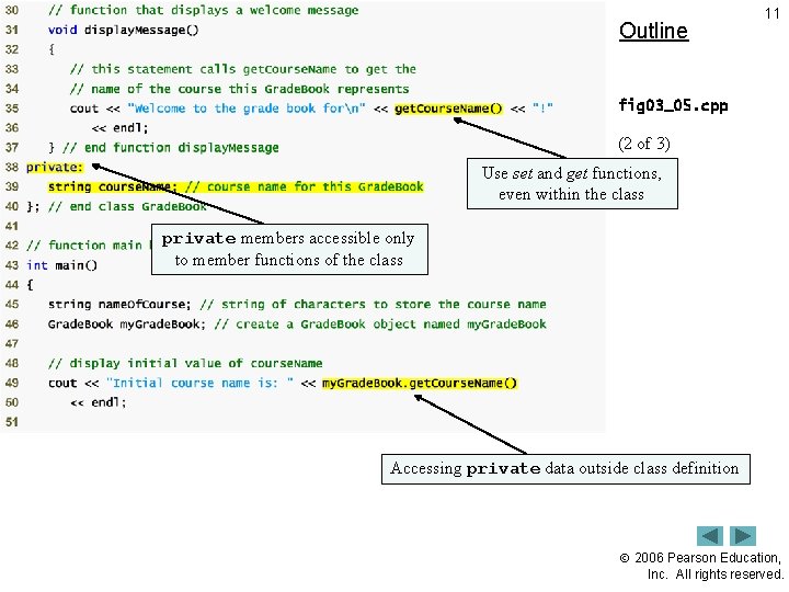 Outline 11 fig 03_05. cpp (2 of 3) Use set and get functions, even