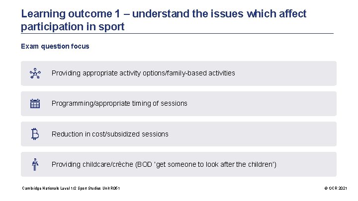 Learning outcome 1 – understand the issues which affect participation in sport Exam question