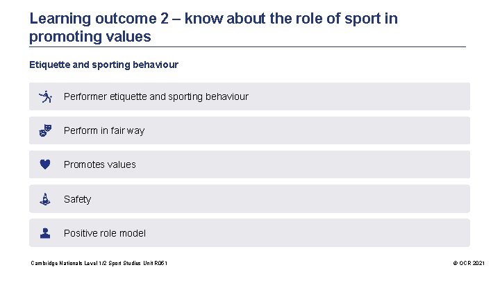 Learning outcome 2 – know about the role of sport in promoting values Etiquette