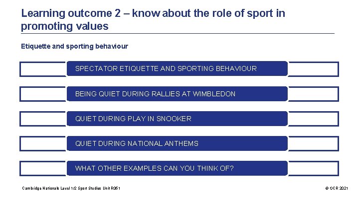 Learning outcome 2 – know about the role of sport in promoting values Etiquette