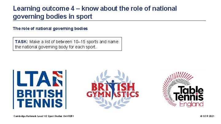 Learning outcome 4 – know about the role of national governing bodies in sport