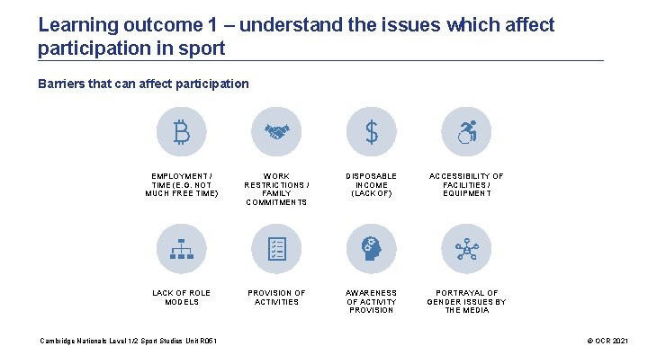 Learning outcome 1 – understand the issues which affect participation in sport Barriers that