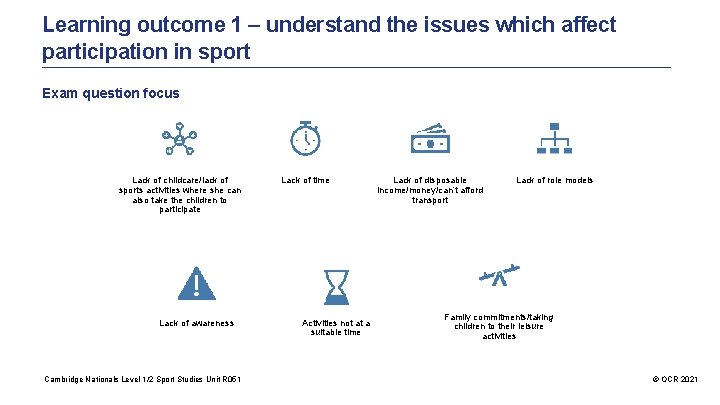 Learning outcome 1 – understand the issues which affect participation in sport Exam question