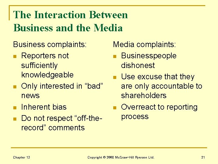 The Interaction Between Business and the Media Business complaints: n Reporters not sufficiently knowledgeable