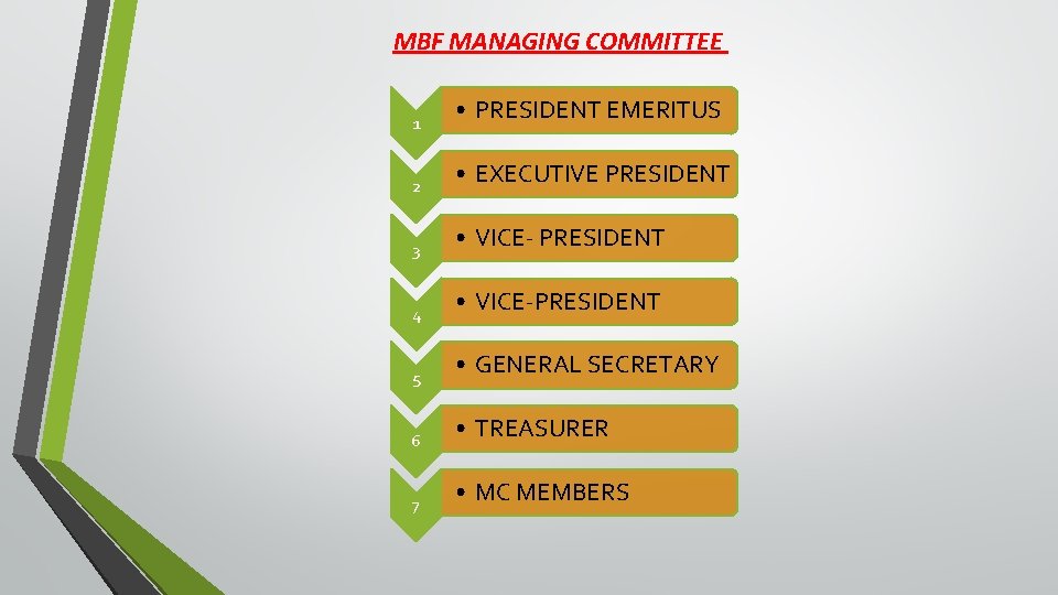 MBF MANAGING COMMITTEE 1 • PRESIDENT EMERITUS 2 • EXECUTIVE PRESIDENT 3 • VICE-