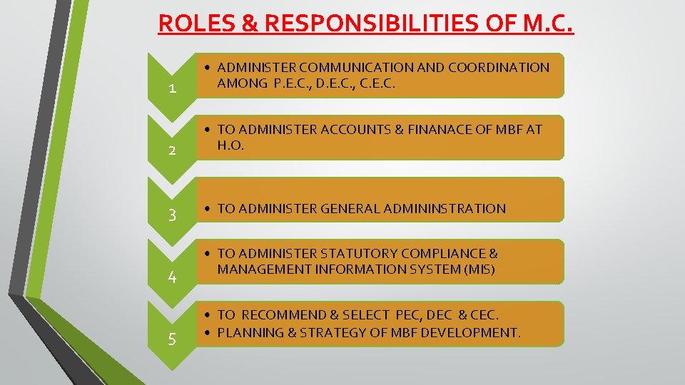 ROLES & RESPONSIBILITIES OF M. C. 1 • ADMINISTER COMMUNICATION AND COORDINATION AMONG P.